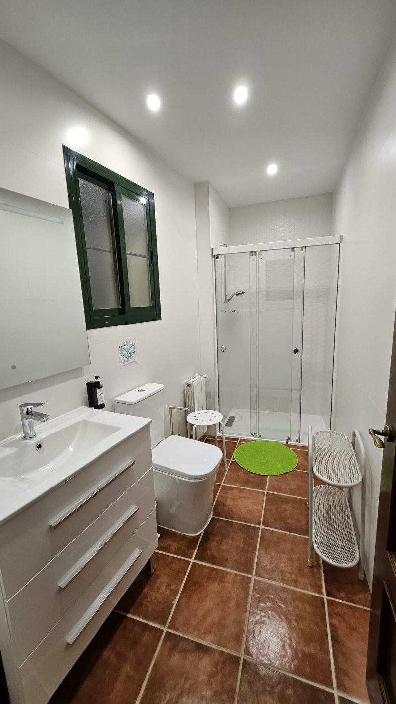 Baño completo con ducha, inodoro, lavabo blanco y suelo de gres rojo