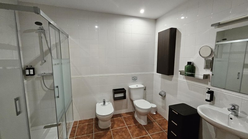 Cuarto de baño moderno con ducha, bidé, inodoro y lavabo sobre mueble oscuro