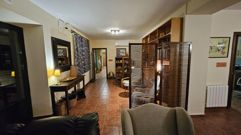 Salón amplio con sofás, biombo de madera, estantería y suelo de terrazo.