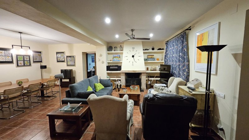 Salón amplio con sofás, chimenea, reloj de pared y mesa de comedor al fondo
