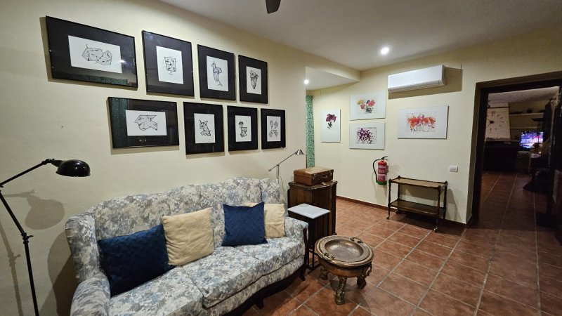 Sala de estar rústica con sofá floral, cuadros en pared y suelo de barro